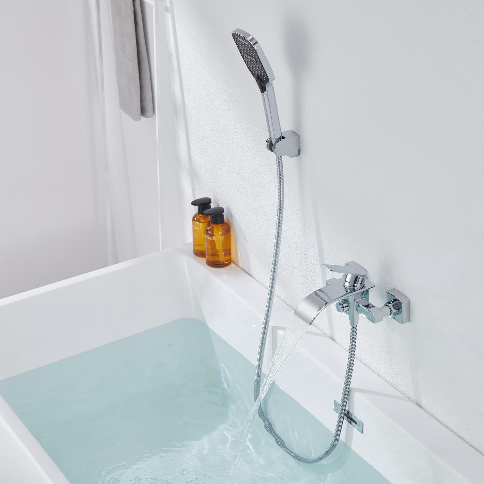 Rubinetto per Vasca da Bagno a Cascata, Miscelatore per Vasca da Bagno in Ottone, Miscelatore per Vasca con Interruttore di Pressione per Cambio, Monocomando per Vasca, Cromato