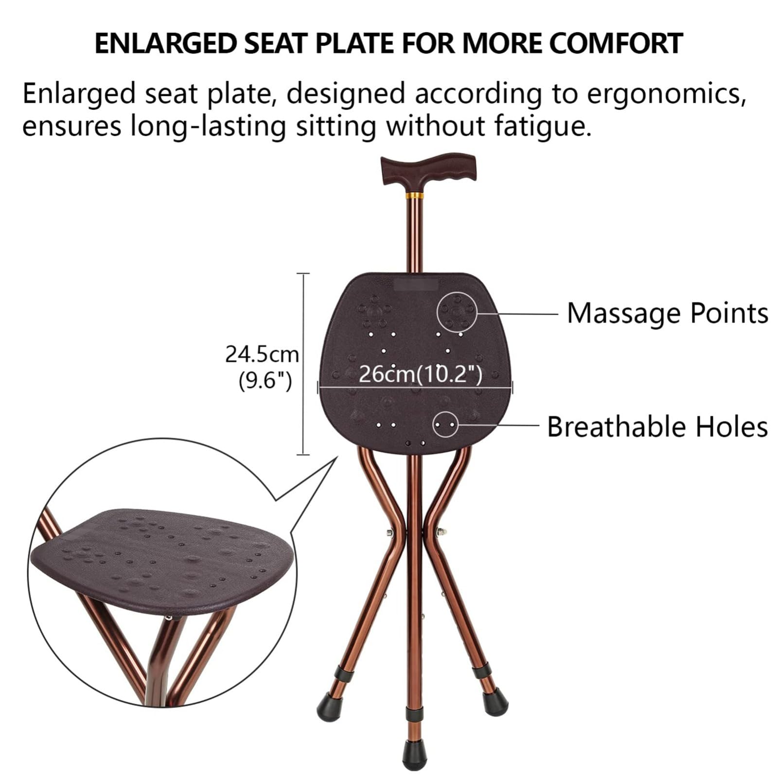 Bastón Silla Plegable Adulto Mayor Ideal Para Caminar Viajar Bastón Con Asiento Portátil, Regulable Asiento De Bastón De Aleación De Aluminio Antideslizante Capacidad De 120Kg Brown
