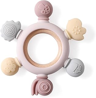 Baby Teething Toys Silicone Teether Toys for Babies 6+ Months Babies Silicone Rudder with Wooden Ring Soothe Babies Gums Teething Toy Montessori Baby Chew Toys for 6-12 Months Blue (Pink)