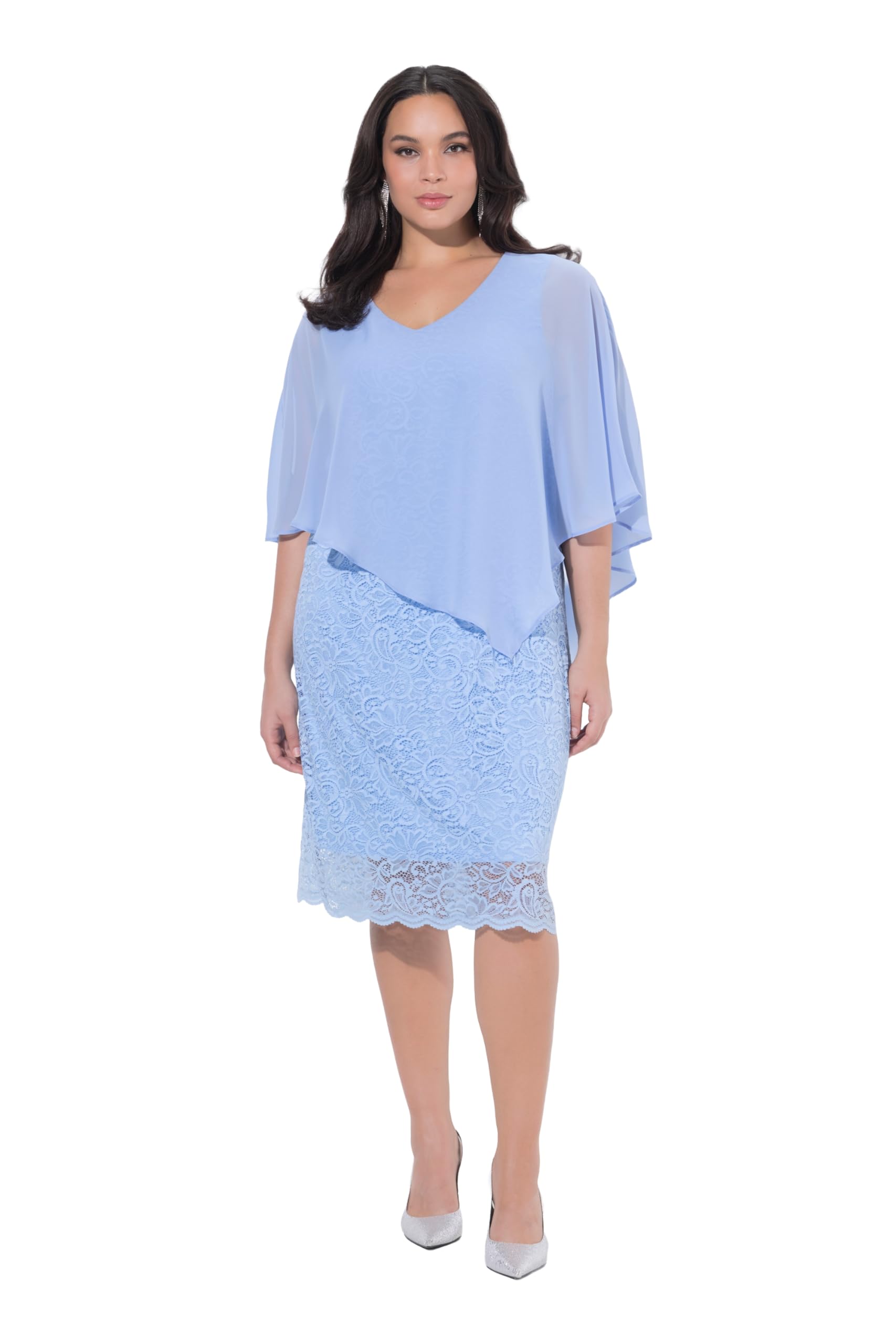 Ulla Popken Damen große Größen Übergrößen Plus Size Abendkleid, Chiffon-Cape, Jersey, Spitzensaum, 3/4-Arm 800820