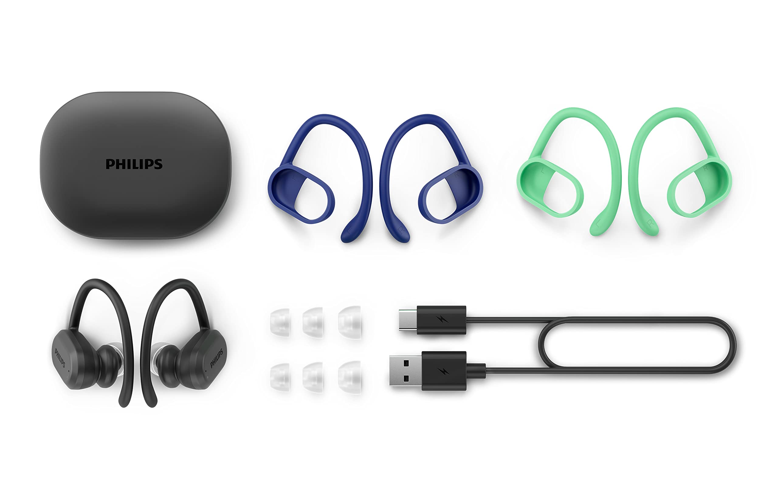 Philips Cuffie Sportive, TAA7306/00, Senza fili, Cuffie da corsa per adulti, Bluetooth, Fino a 24 ore di tempo di riproduzione, Microfono incorporato, Vestibilità sicura, Nero