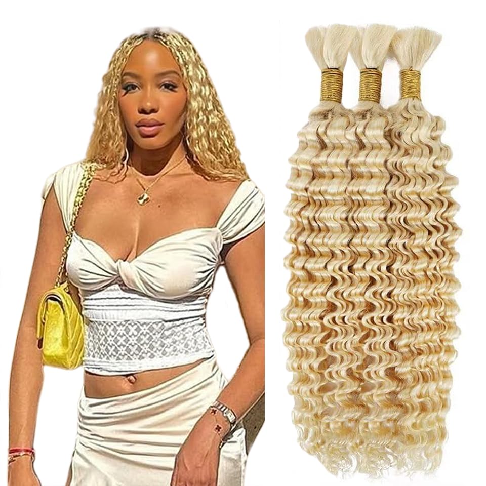 #613 Human Braiding Hair Blonde Deep Wave Bulk 24 24 24 Inch Virgin Hair 613 Blonde Deep Curly Boho Hair for Braiding 3 Bundle 50 Gram Per Bundle Hair Weave
