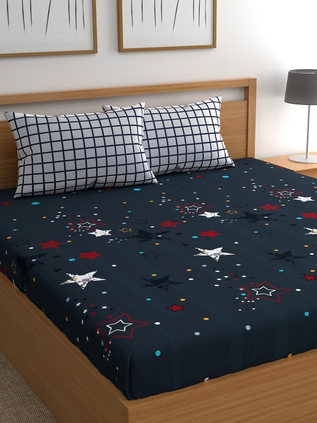 LOOMLYFE 300 TC Cotton Feel Glace Cotton Elastic Fitted Printed Super King Size Bedsheet with 2 Pillow Covers Fits Upto 12 inches Mattress,Size- 72X78 Inches, DarkBlueStars