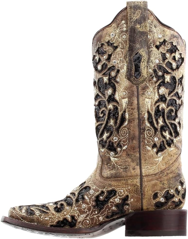 Corral Boots Womens Sequined Tooled-Inlay Square Toe Dress Boots Mid Calf Low Heel 1-2" - Brown - Size 7.5 B