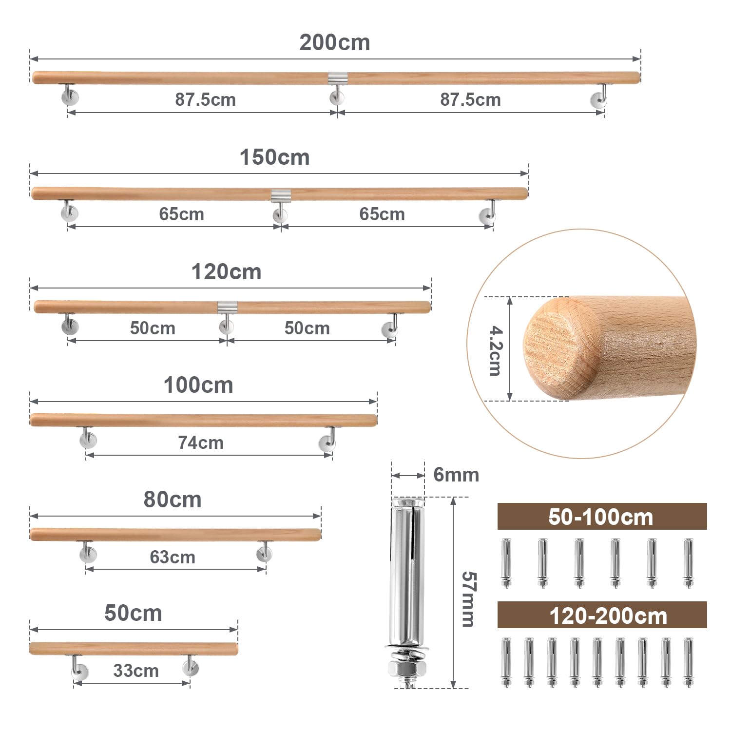 Handlauf Buche Holz Treppengeländer, 200cm Geländer mit Wandhalterung, Rutschfester Holzhandlauf, Wand Treppe für Treppen, Gänge, Gartentreppen, Balkon, Dachböden
