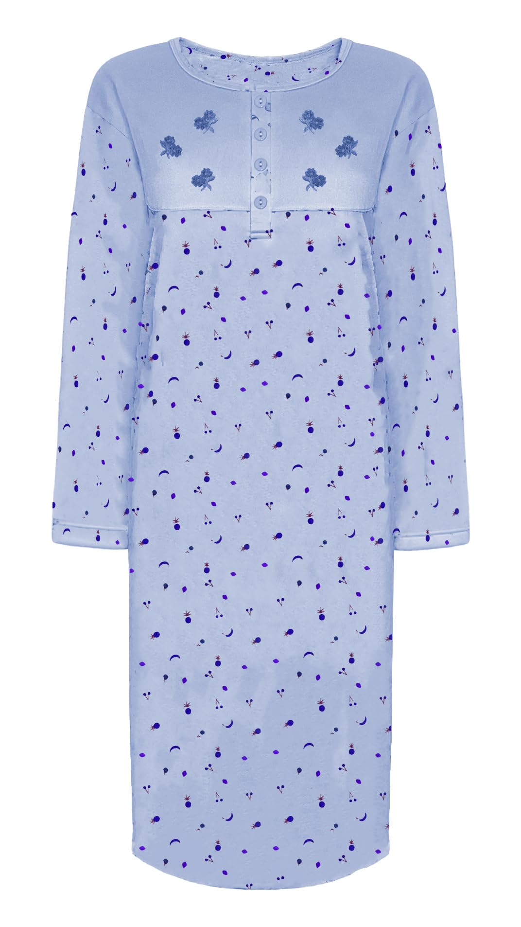 I-Smalls Women's Blue Thermal Nightdress Long Length Cotton Rich Tropical Fruit Print Nightie (L)