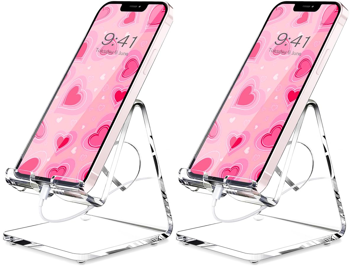 Crpich Acrylic Phone Stand, Portable Phone Holder with Heart-Shaped Charging Hole, Clear Phone Stand for Desk, 2 Pack
