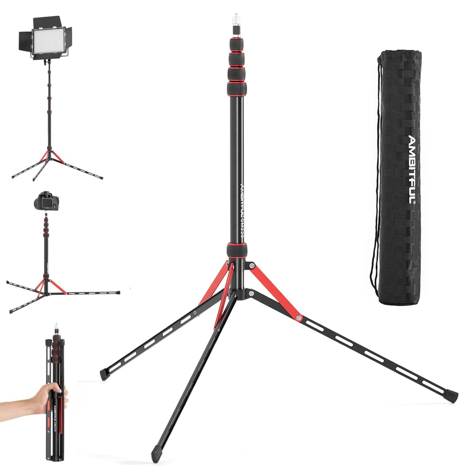 Ambitious Supporto per luce in alluminio, 220 cm, portatile, portata 2,5 kg, luce per foto e flash, con borsa