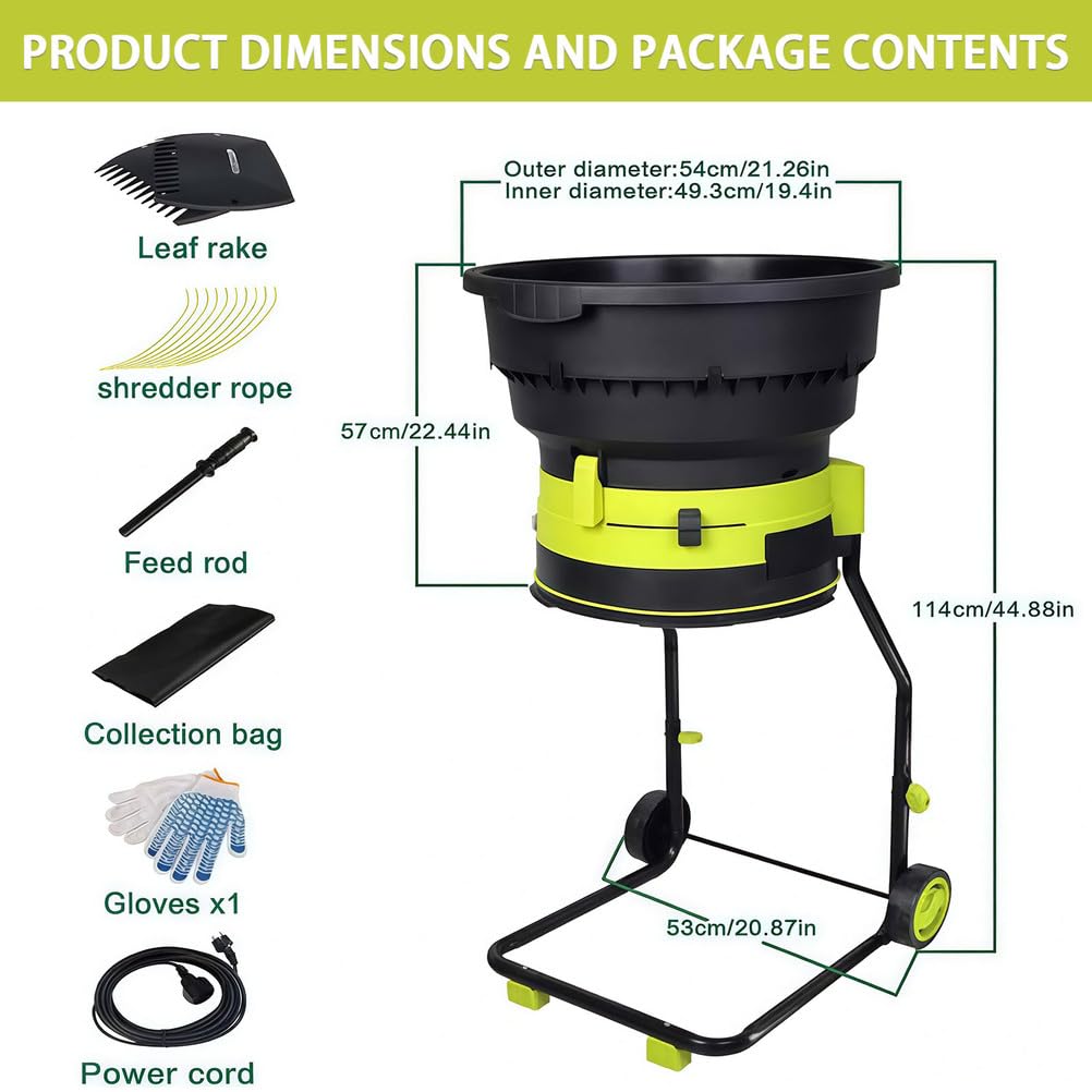 Trituradora eléctrica de hojas con ruedas y bolsa de almacenamiento, tolva de 54 cm para compostar agujas de pino, paja y desechos de jardín, duradera y eficiente