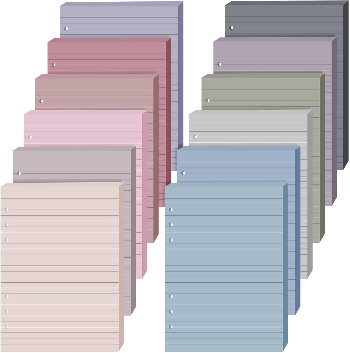 PerKoop 12 Pack Lined Refill Paper A5 Colored 6 Ring Binder Planner Inserts 6 Hole Notebook Refills Paper 8.2 x 5.8 Inch Loose Leaf (Soft Colors)