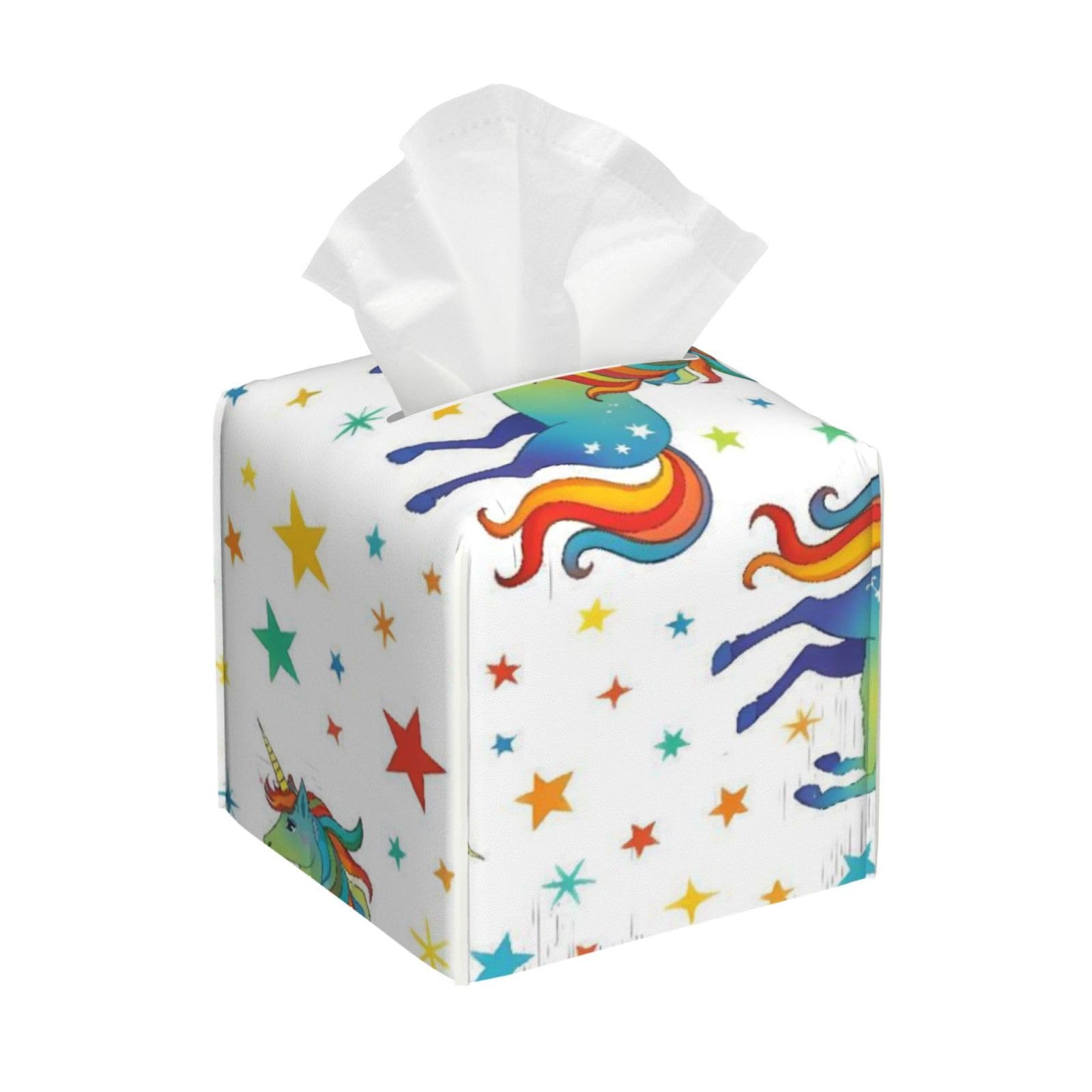 Unicorn Star Leather Tissue Box Cover Holder Square Facial Paper Organizer 5.2" X 5.2" X 5.2"