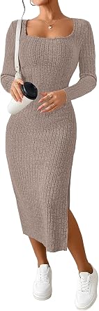 Womens Fall Dresses Square Neck Basic Dress Knitted Elastic Versatile Slit | 2026 Fall Dress,Must Have,Sexy Bodycon Slim Fit,Charming Match,Going Out,Travel,Party,Daily Wear,Midi Dresses