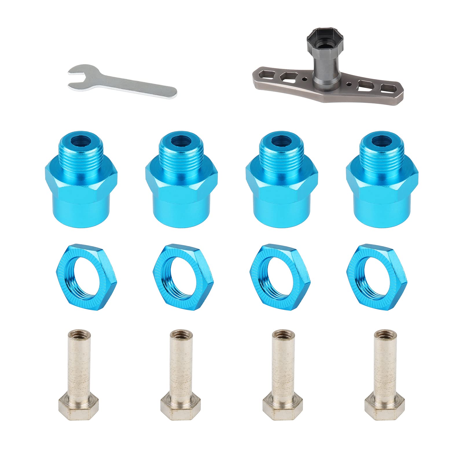 Rchobbytop 4-Pack Aluminum Alloy 12mm to 17mm Wheel Hex Hub Adapter 15mm Extension Conversion and Socket Wrench for 1/10 RC Car Upgrade to 1/8 Wheels, Blue