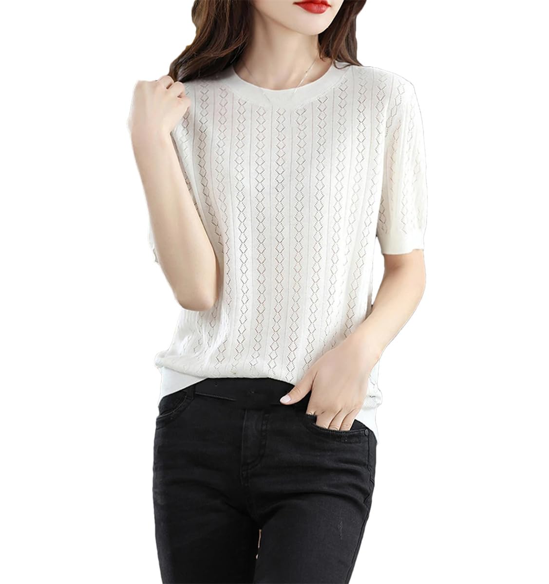 T-shirt d'été en coton pour femmes Kelsiop pull uni ample - 8