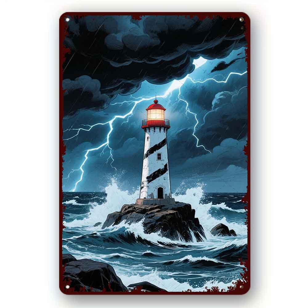 peiyeety Metal Vintage Tin Sign Lighthouse in the storm Mens Womens Decorative Aluminum Sign Wall Sign Bar Restaurant Cafe Bar Decor 8x12 Inch