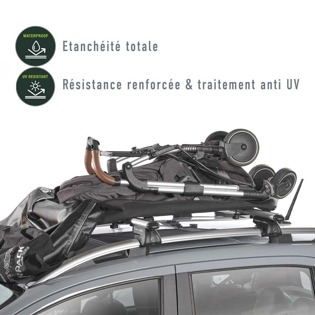 Green Valley 158005 Coffre de Toit Souple 270 L – Étanche, Pliable & Compact – Fixation Barres Universelles