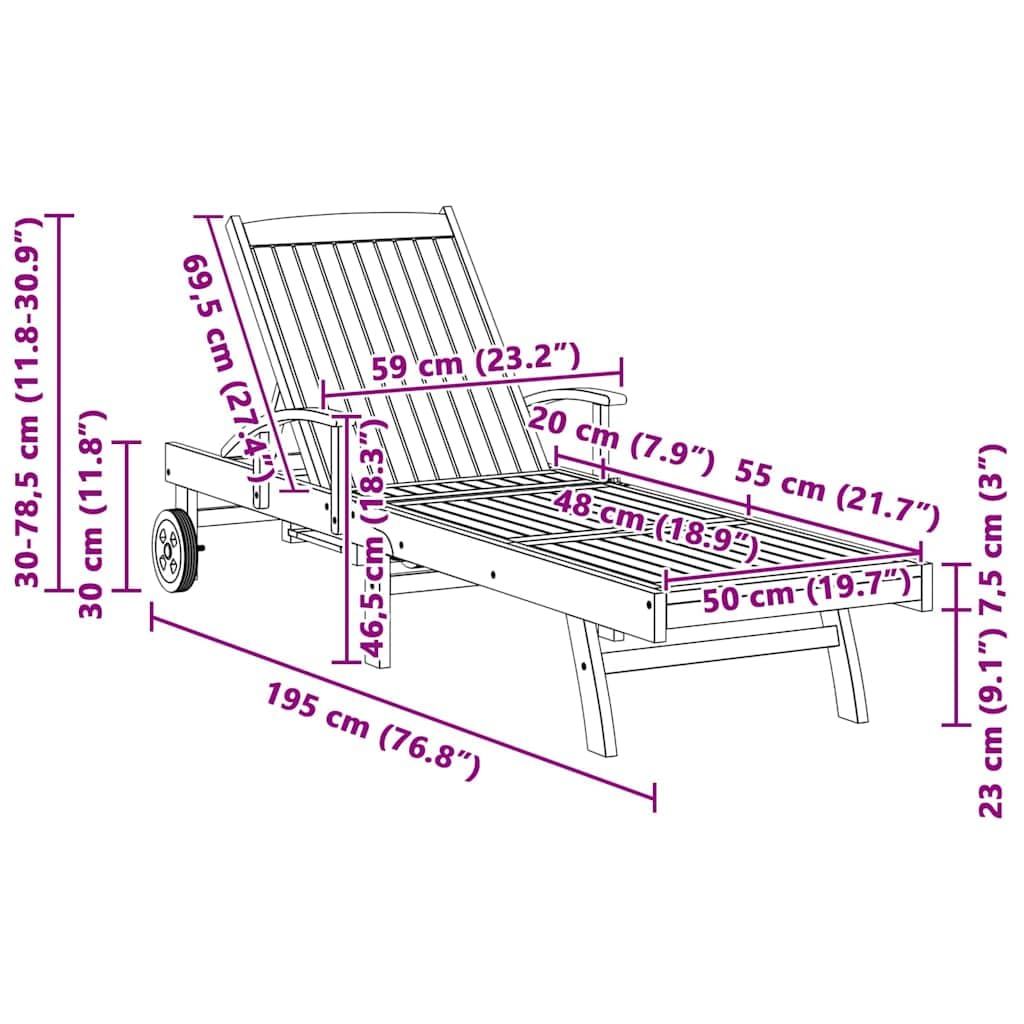vidaXL Chaise Longue Marron 195 x 59 x 78,5 cm Bois de Teck Massif, Chaise Longue extérieure élégante, Fauteuil en Teck réglable, mobilier de Jardin Confortable, résistant aux intempéries