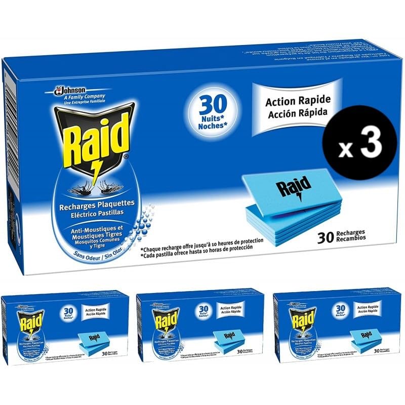 Pack de 90 Pastillas. Raid de SC Johnson, Recambio Difusor Eléctrico Anti Mosquitos Comunes y Tigre, Acción Rápida