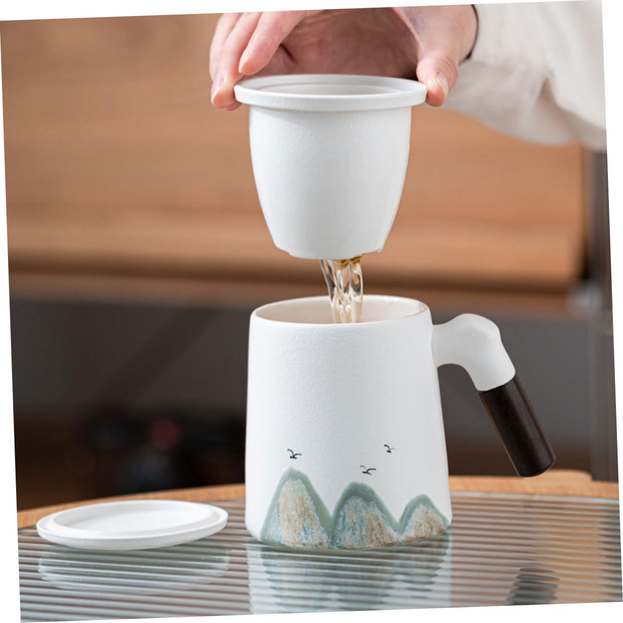 Taza de Cerámica de Color Claro con Infusor y Tapa para Infusionar Té, Taza para Desayuno con Filtro Adecuado para Entusiastas del Té en Escritorio