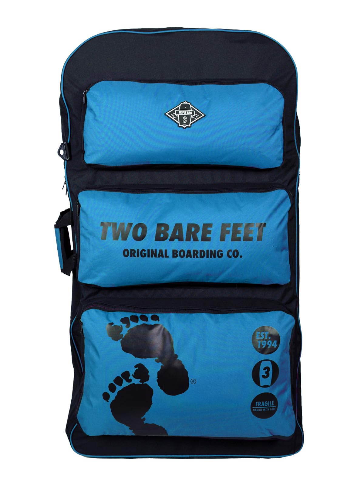 Two Bare Feet 44" Triple Bodyboard Carry Bag – Heavy Duty, Large Capacity for Three Boards – Padded Shoulder Straps, Sturdy Side Handle, Durable Zippers, Travel & Beach Ready (Triple (Blue))