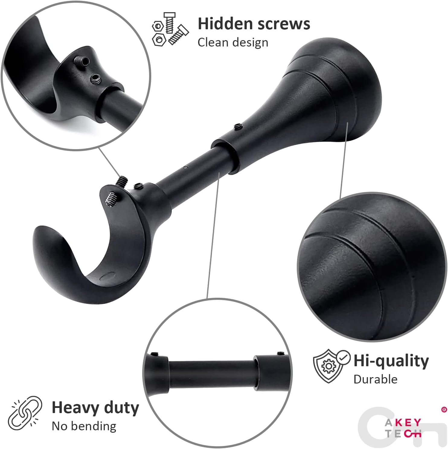 Heavy Duty Curtain Rod Brackets for Wall, 6 inch Curtain Rod Brackets, Extra Long Holder for Heavy Curtains, for 3/4 to 1 inch Rods, 4 pcs Extended Wall Mount Holders, Set of Four, Black