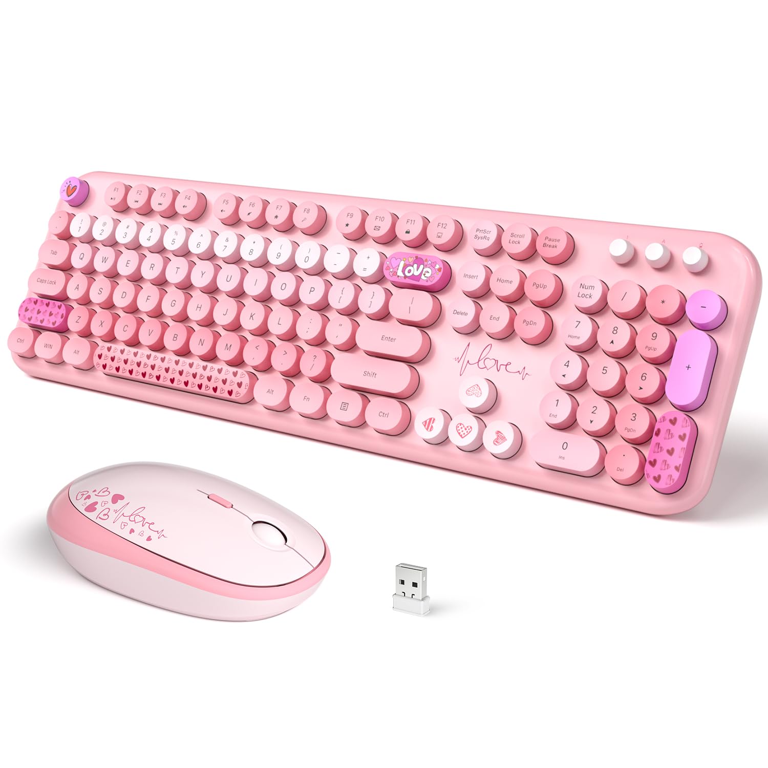 Wireless Keyboard and Mouse, SQMD Colorful Typewriter Retro Keyboard with Round Keycaps, 2.4GHz USB Full-Size Keyboard and Mouse Set for Mac PC