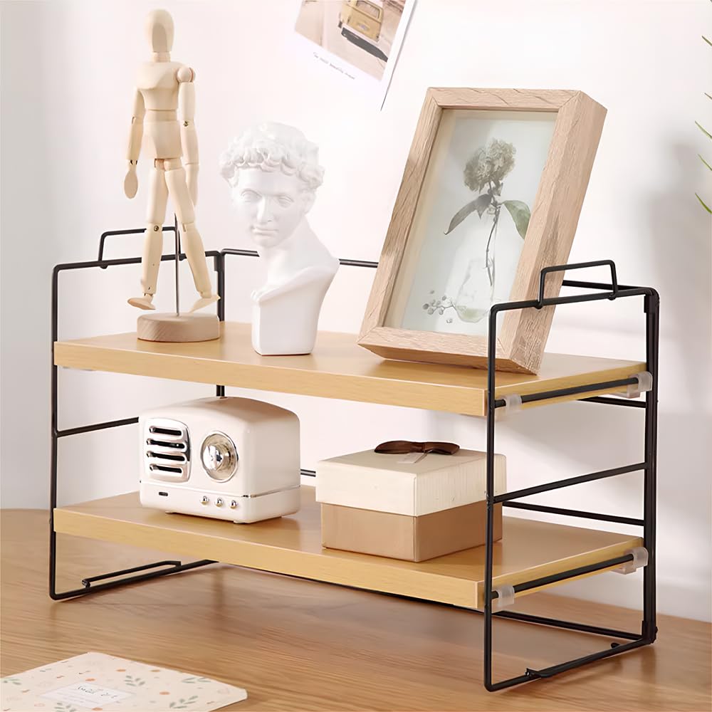 Étagère de Bureau en Bois à 2 Niveaux Étagère de Bureau Rangement Étagère de Rangement Bureau Bibliothèque de Bureau Bois pour Plantes en Pot, Cosmétiques, Livres, 37x24x16.5cm
