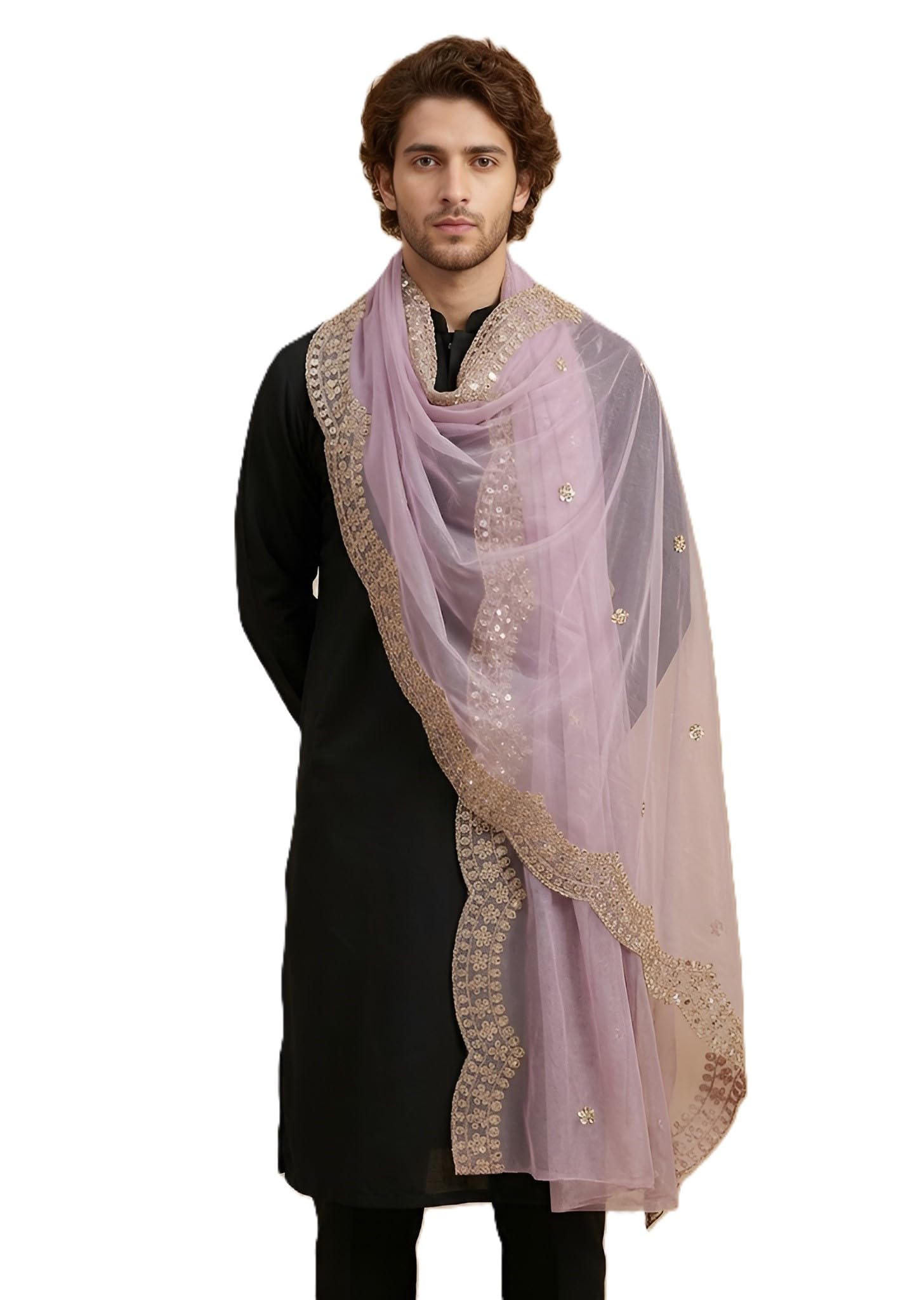 muffly Men’s Twill Net Dupatta with Scalloped Cutwork Border & Delicate Buti Embroidery | Lightweight Sheer Ethnic Dupatta-picture-17