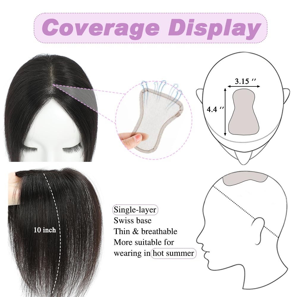 Lagomance Hair Toppers for Women Real Human Toppers for Women with Thinning Hair 100% Real Human Hairpieces 10 inch Swiss Base Hairpieces for Thinninghair(Natural Black) - Image 2