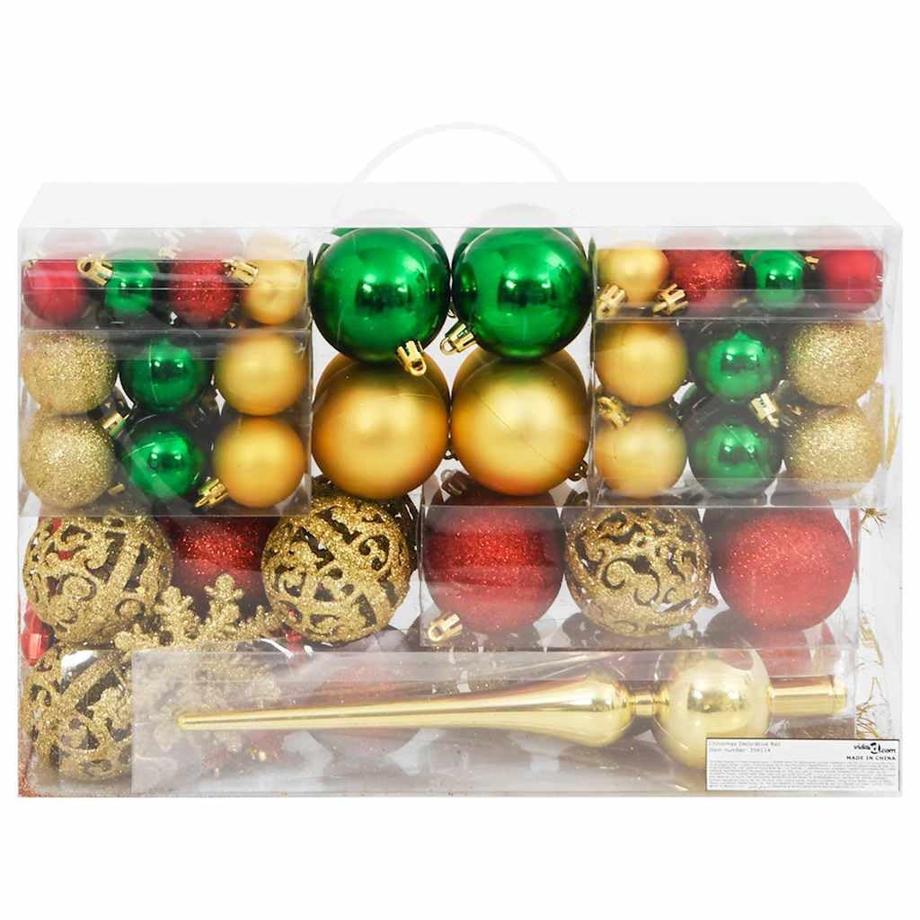 Juego de 112 bolas de Navidad de poliestireno, color rojo, verde y dorado, con 3 tamaños y diseños mate brillante, incluye punta de árbol de Navidad y colgante para árbol de Navidad y