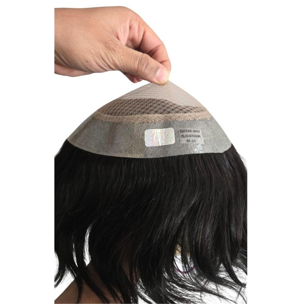 Mirage 2 Layer Without Skin Base Full Head Human Hair Patch With Cotton Mesh Base Inside | Hair Wig Toupee for Cover Baldness Hairpieces | Hair Replacement System for Men and Boys | Black (10x8)-image-48