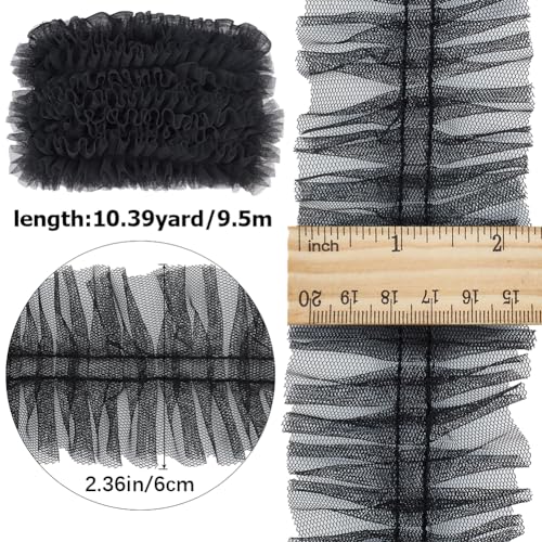 GORGECRAFT 10 Yards 6cm Wide Pleated Lace Edge Trim Embroidery Ruffle Organza Mesh Chiffon Ribbon Gathered Tulle Fabric Applique Edging Trimmings for Sewing Bridal Dress Costume Decoration Craft Black - Image 2