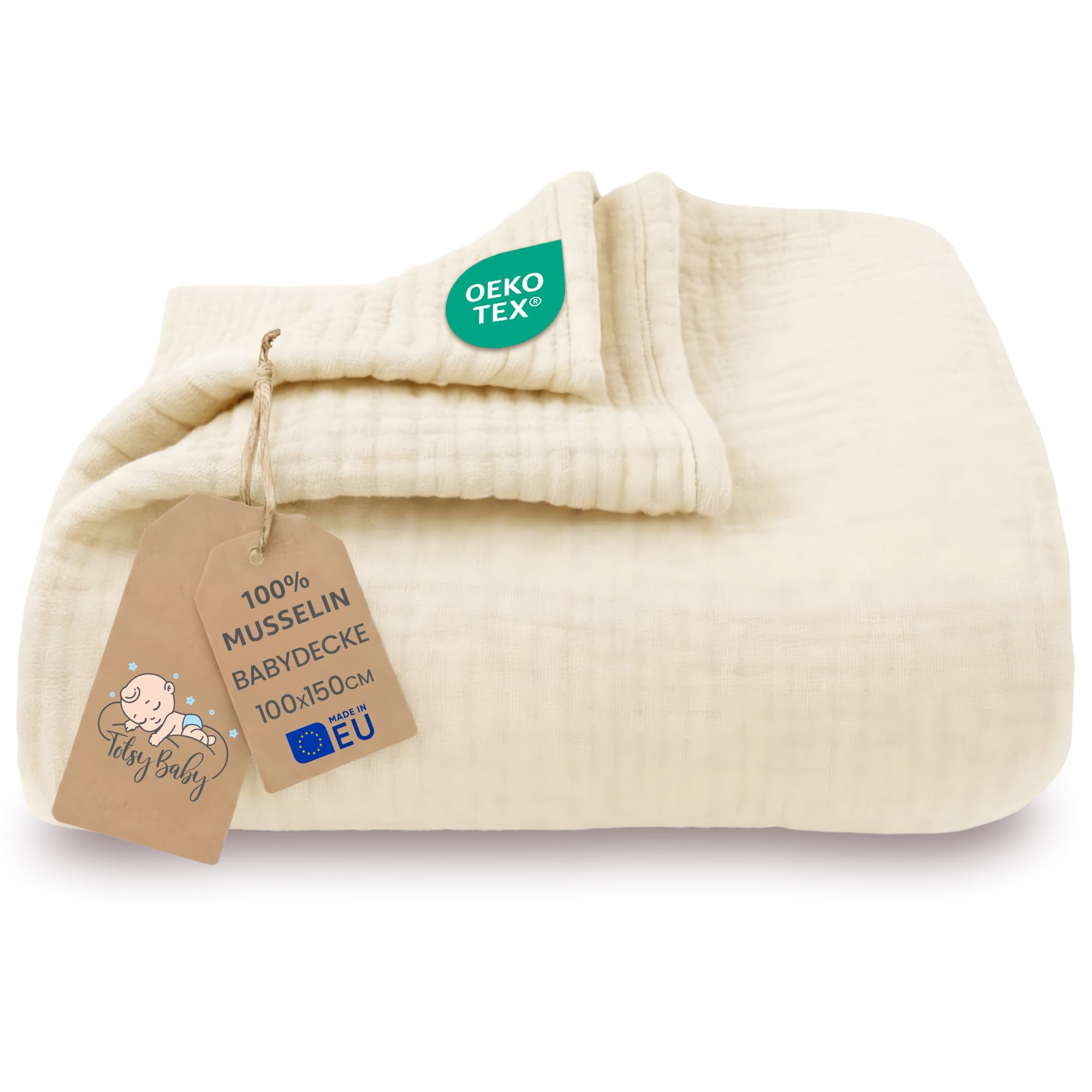 Musselin Decke Babydecke Baumwolle 100 x 150 cm - Musselindecke Kuscheldecke Baby Musselintücher Kinderdecke dünne Babydecken Pucktuch Muslin Blanket für Kinder Oeko-Tex-Zertifikat Hellbeige