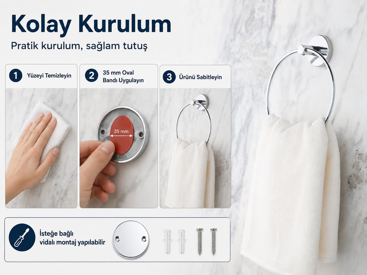 Alper Banyo İris Krom Kaplama Halka Havluluk, Yapışkanlı ve Vidalı Montajlı Banyo Havlu Askısı, 35 mm Oval Bantlı, Parlak Yüzey