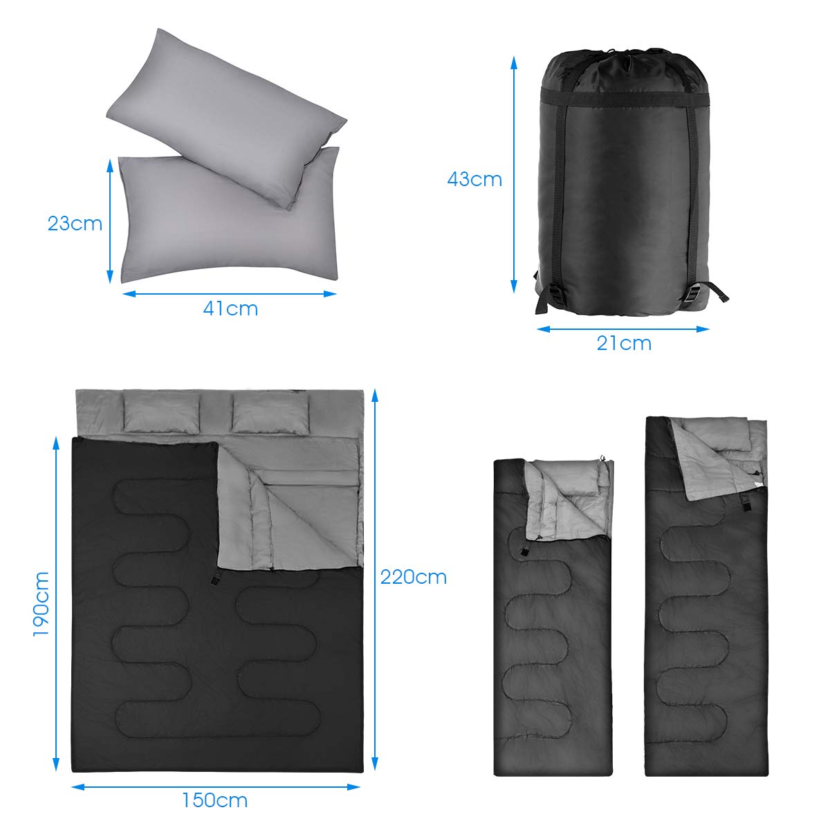 RELAX4LIFE Saco de Dormir Doble con 2 Almohadas y Bolsa de Transporte, Saco de Dormir Multifuncional con Bolsillos Laterales y Diseño Divisible para Adultos y Niños