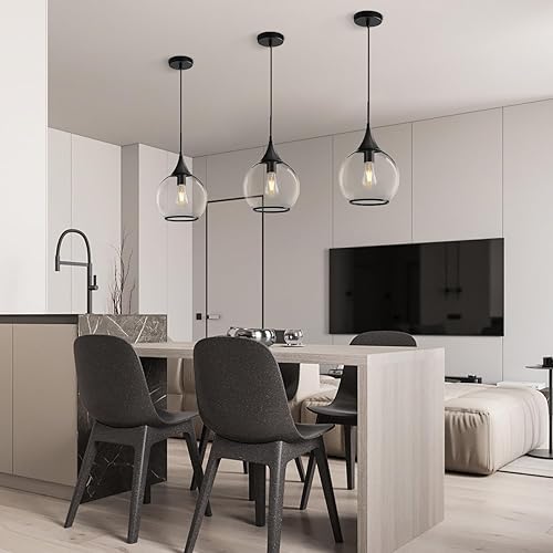 Miniatura 4 de Luces colgantes isla de cocina lámpara negra mate con vidrio transparente - 10 pulgadas de globo de mediados de siglo accesorios de iluminación de