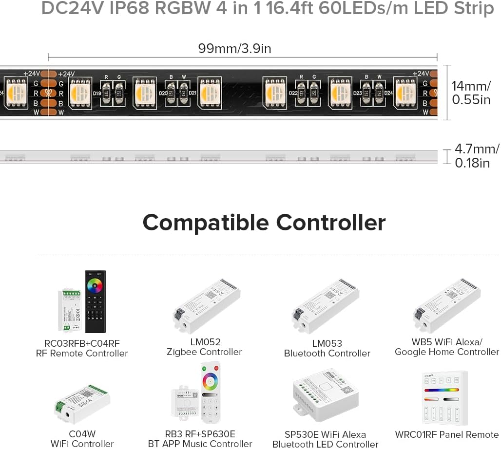 BTF-LIGHTING IP68 Waterproof Outdoor RGBW LED Strip 5050SMD RGB+Cool White(6000K-7000K) 4 Colors in 1 DC24V 5m 16.4ft 60LED/m Multi-Colored Tape Lights for Kitchen Decoration(No Adapter or Controller)