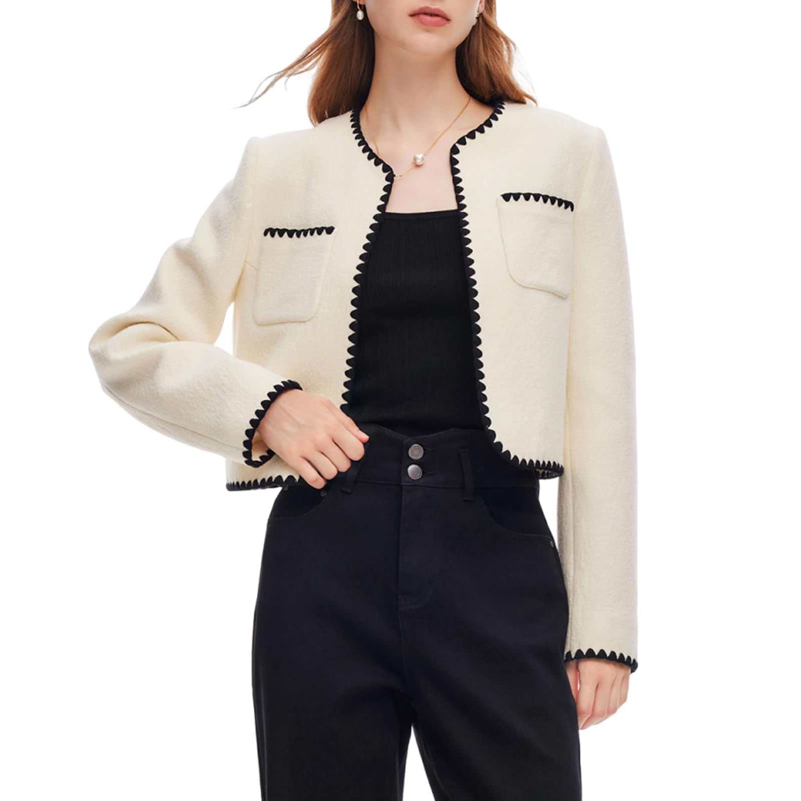 GOELIA Wool Blend Tweed Blazers for Women Business Casual Knit Blazer Cropped Jacket for Women