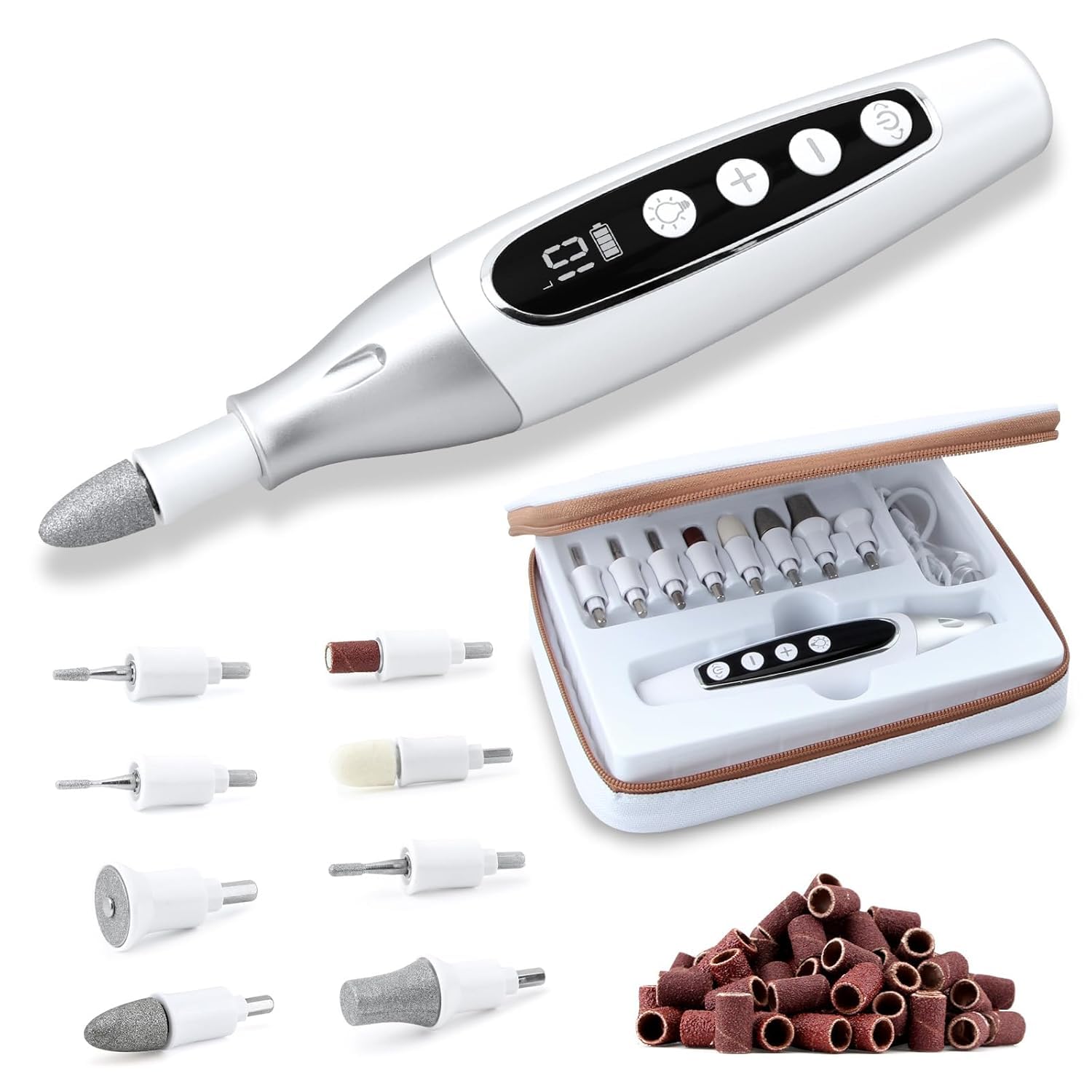 Electric Nail File-E File 8 Attachments, LED Light & Display Screen, 10 Speeds
