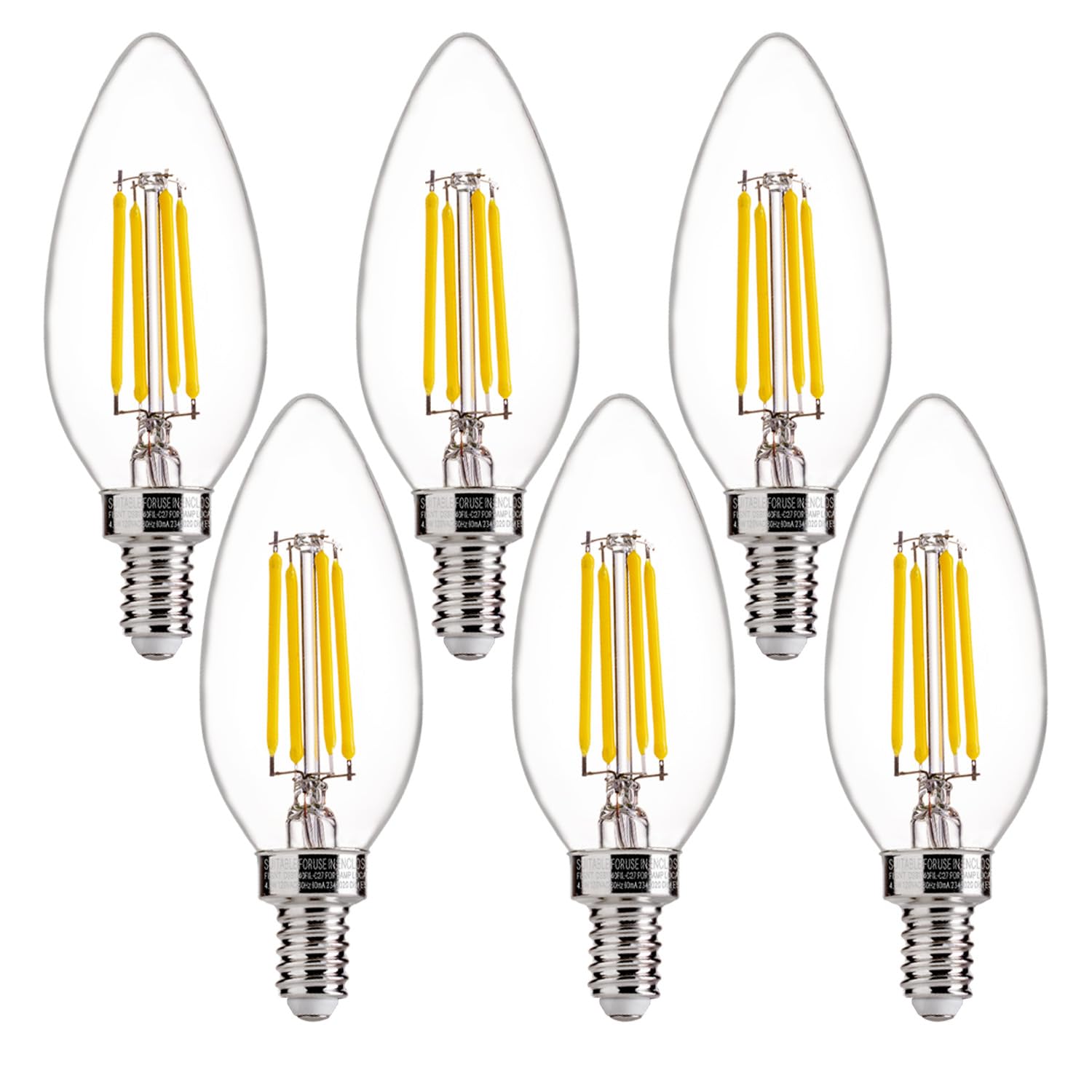 flsnt 5000k daylight b10 dimmable 4w led e12 candelabra bulbs, 40w equivalent led chandelier candle bulbs, clear glass finishing, 6 pack ul,ca65 listed.