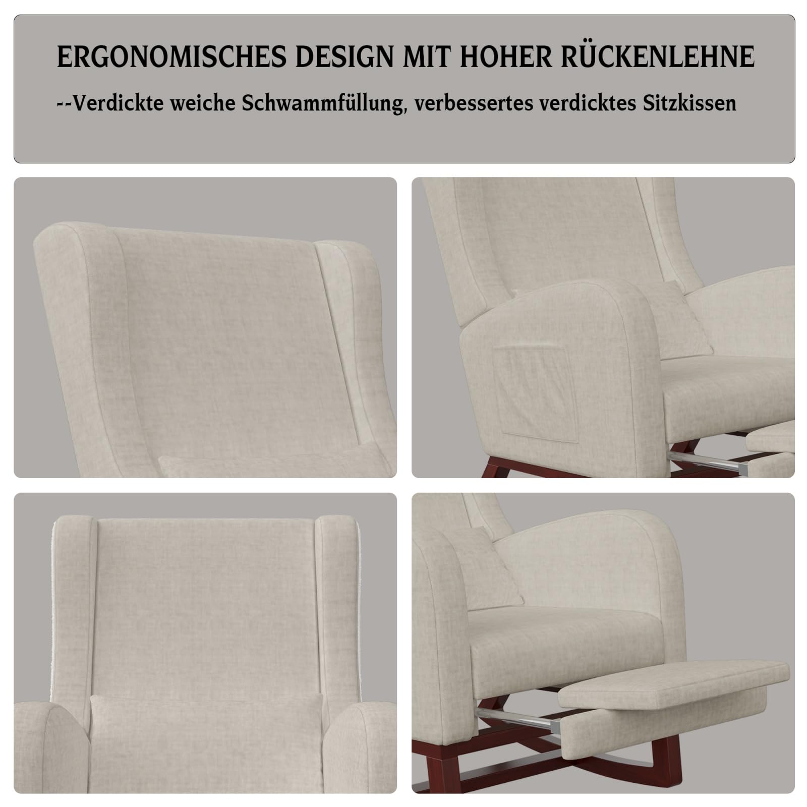 Mecedora con reposapiés Ajustable y 2 Bolsillos Laterales, sillón de Lactancia Acolchado con cojín Lumbar, Respaldo y reposabrazos, Silla de Relax para salón Dormitorio (Beige)