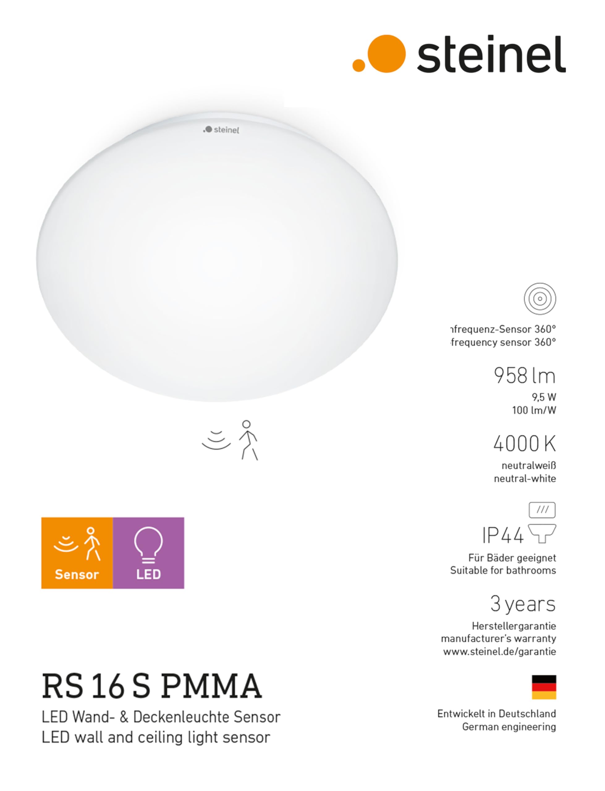 Steinel Plafonnier RS 16 LED avec détecteur de mouvement intégré - Applique murale avec capteur de présence 360° - Lampe d'intérieur à détection, portée 3-8 m