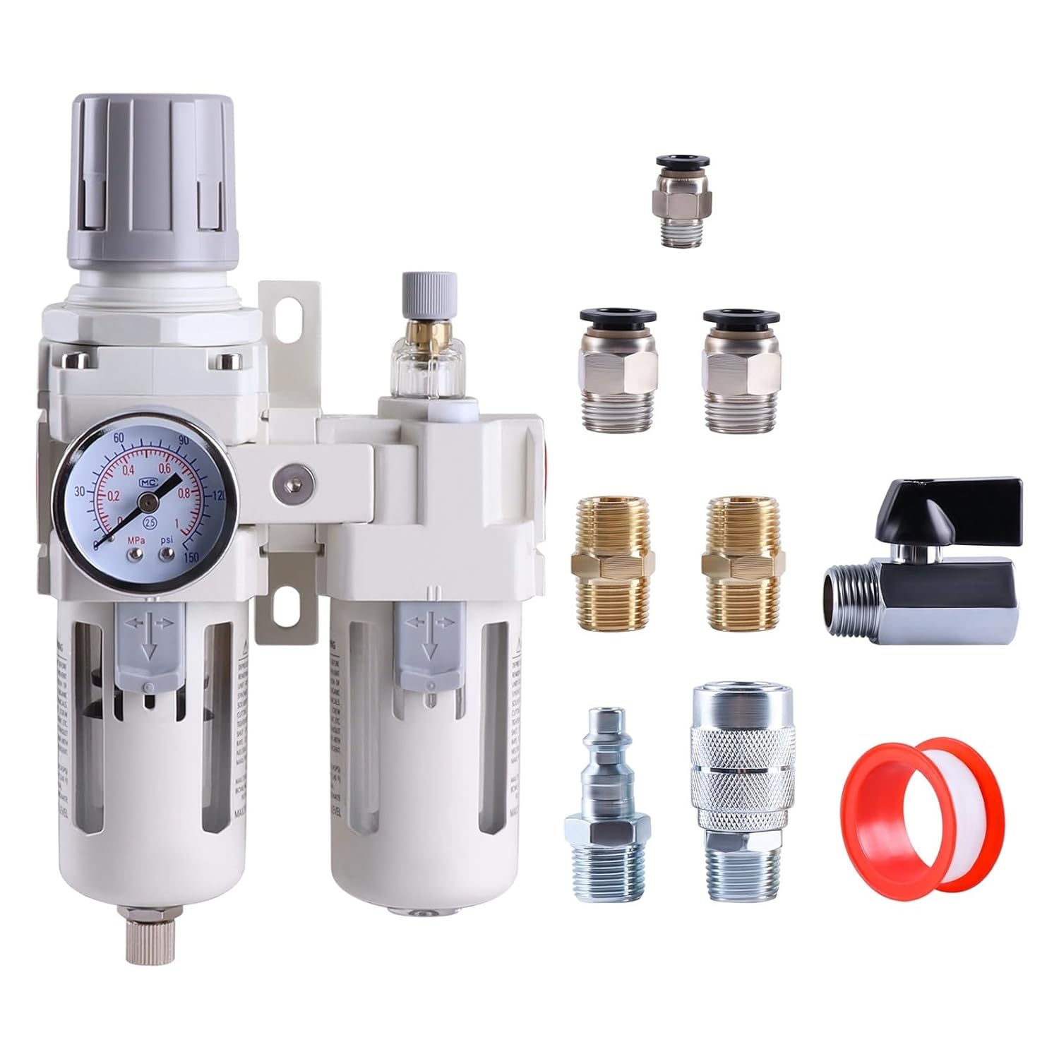 Pneumatic Pressure Regulator Air Source Processor Compressed Air Filter Regulator Lubricator Combo Water/Oil Trap Separator(AC2010-2 1l4NPT)