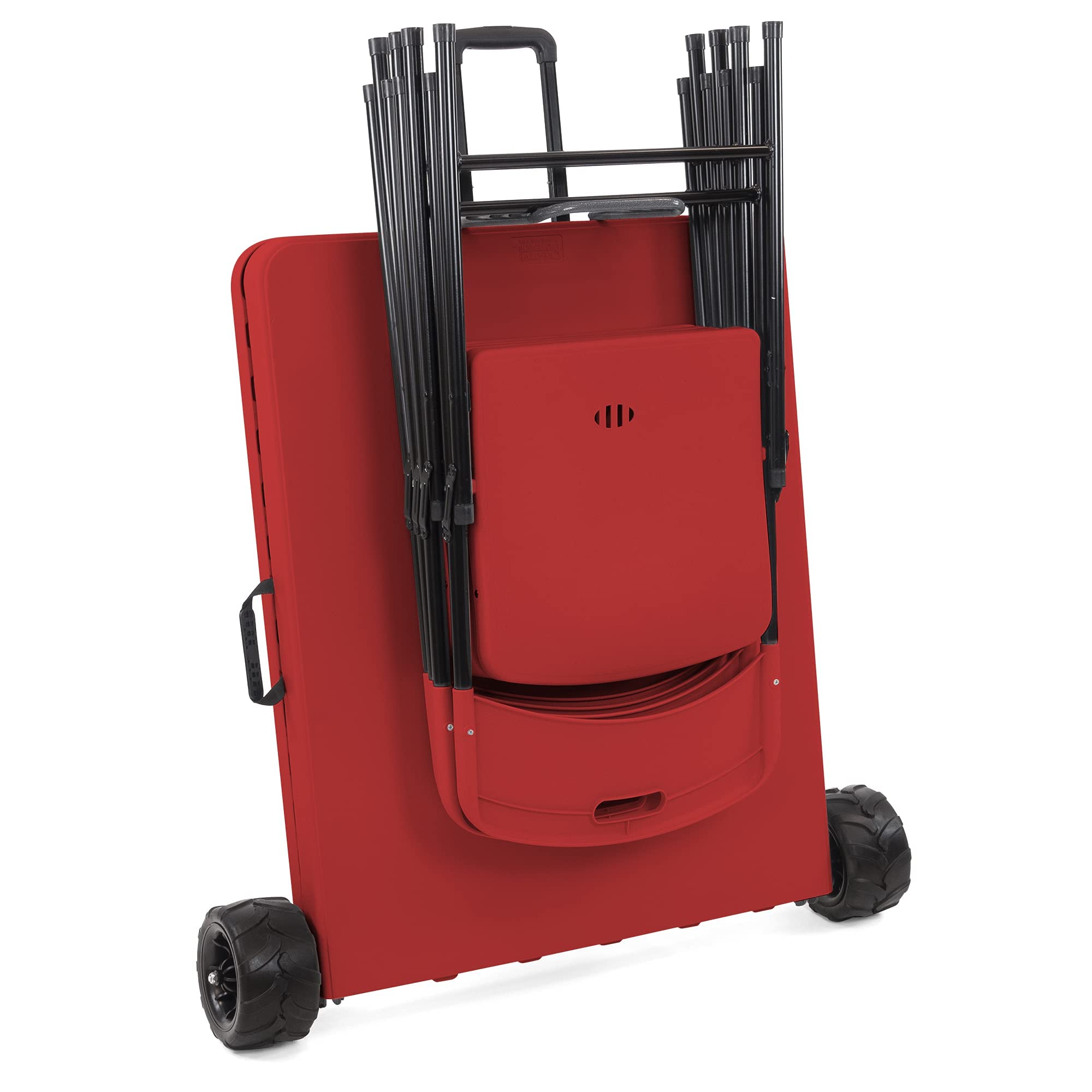 Creative Outdoor Distributor Folding Table and Chairs Combo, 6 Ft, Built-in Wheels, Portable Durable Plastic, Indoor/Outdoor Events/Camping/Picnic/Tailgating/Party - (Red Table and 4 Chair Set)