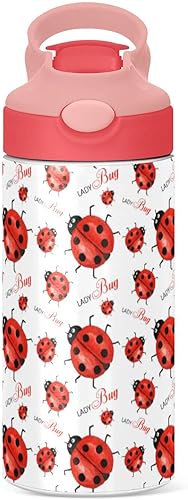 Miniatura 2 de ALAZA Botellas de agua para niños con tapa con diseño de mariquita con diseño de insectos divertidos y pajita, botellas de agua de acero inoxidable