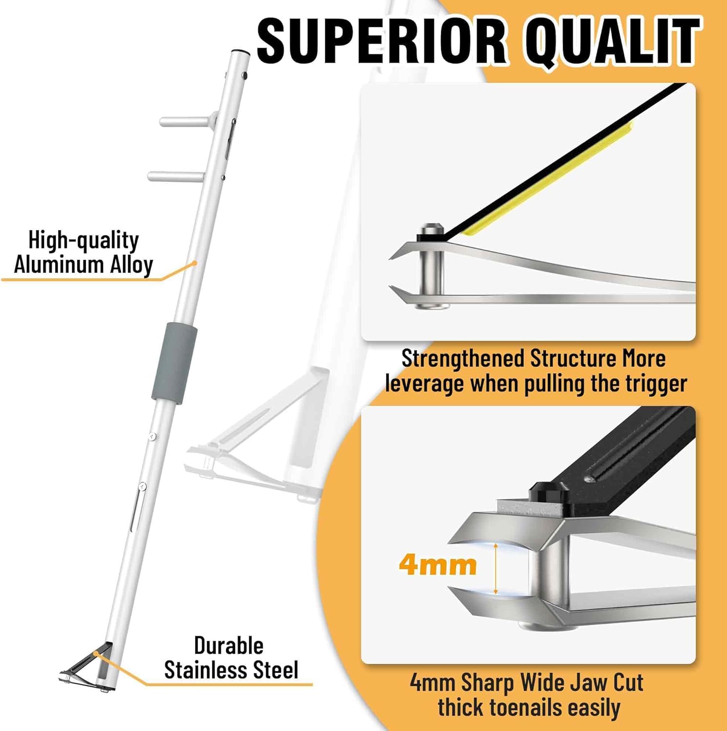 Cortaúñas de mango largo, apertura ergonómica de mandíbula ancha, ideal para uñas gruesas, personas mayores, personas con sobrepeso, personas con artritis, cortaúñas de fácil alcance (XS-16/40 cm)