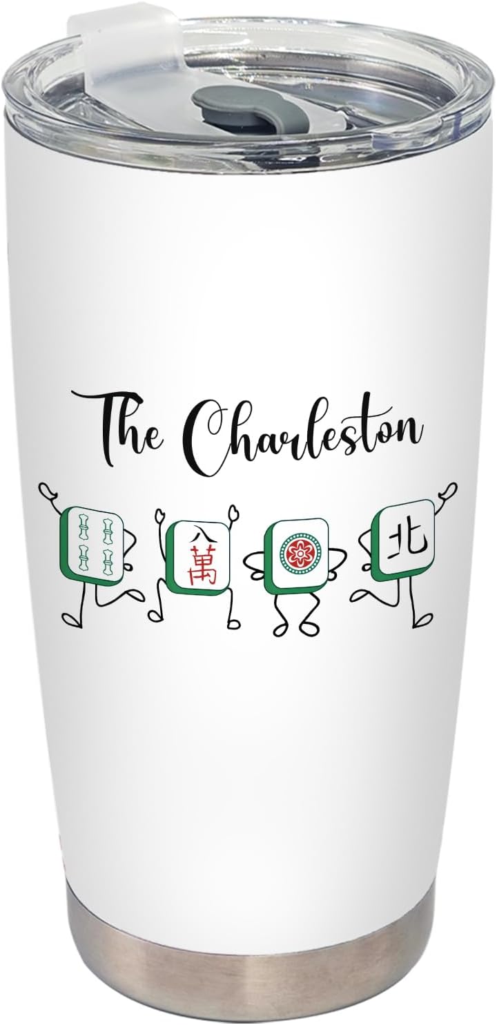 BEHIFL Chinese Mahjong Tumbler, Mah Jong Lover Gifts Stainless Steel Tumbler with Lid and Straw 20oz, Gifts for Mah Jong Players Travel Coffee Cup