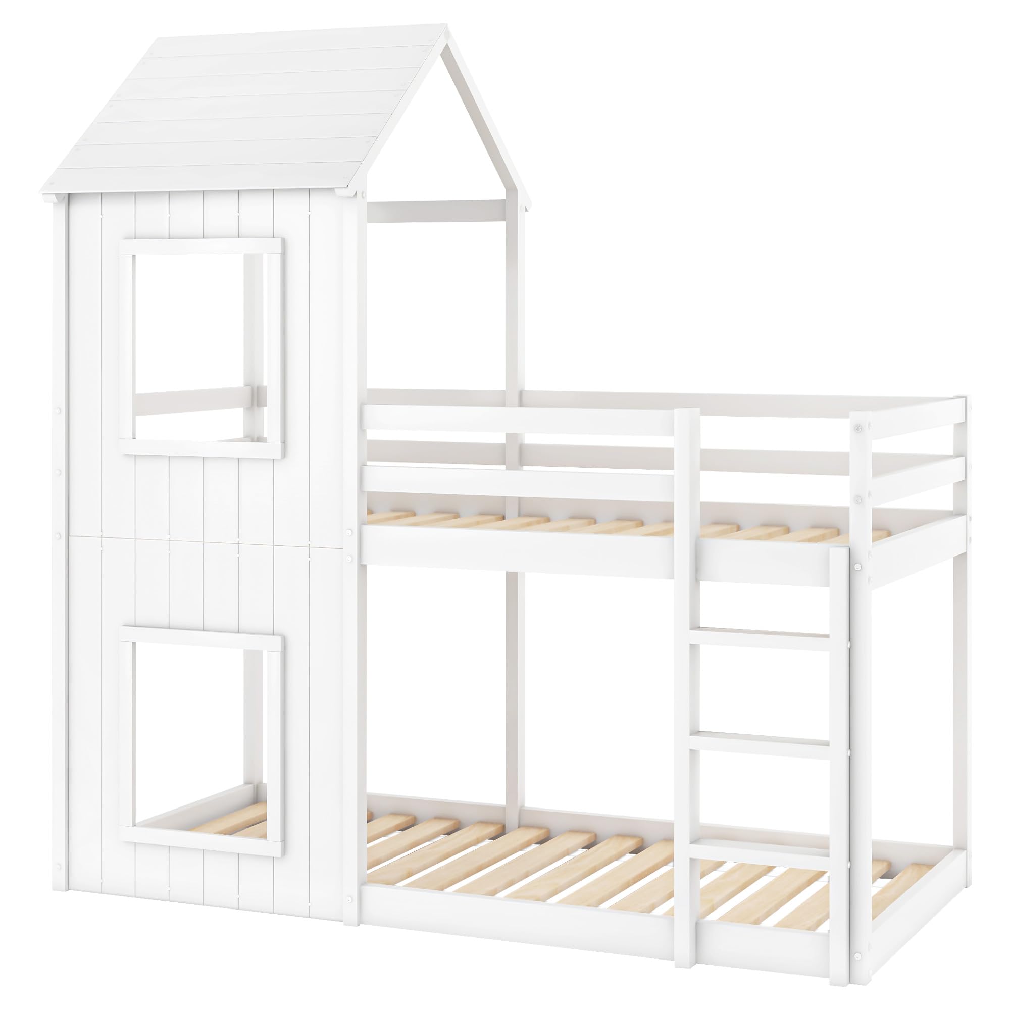 Kinderbett 90x200 Etagenbett für 2 Kinder, Hausbett Hochbett mit Leiter und Baldachin, Baumhausbett Stockbett Kinderhochbett Jugendhochbett mit Rausfallschutz und Lattenrost, Ohne Matratze, Weiß