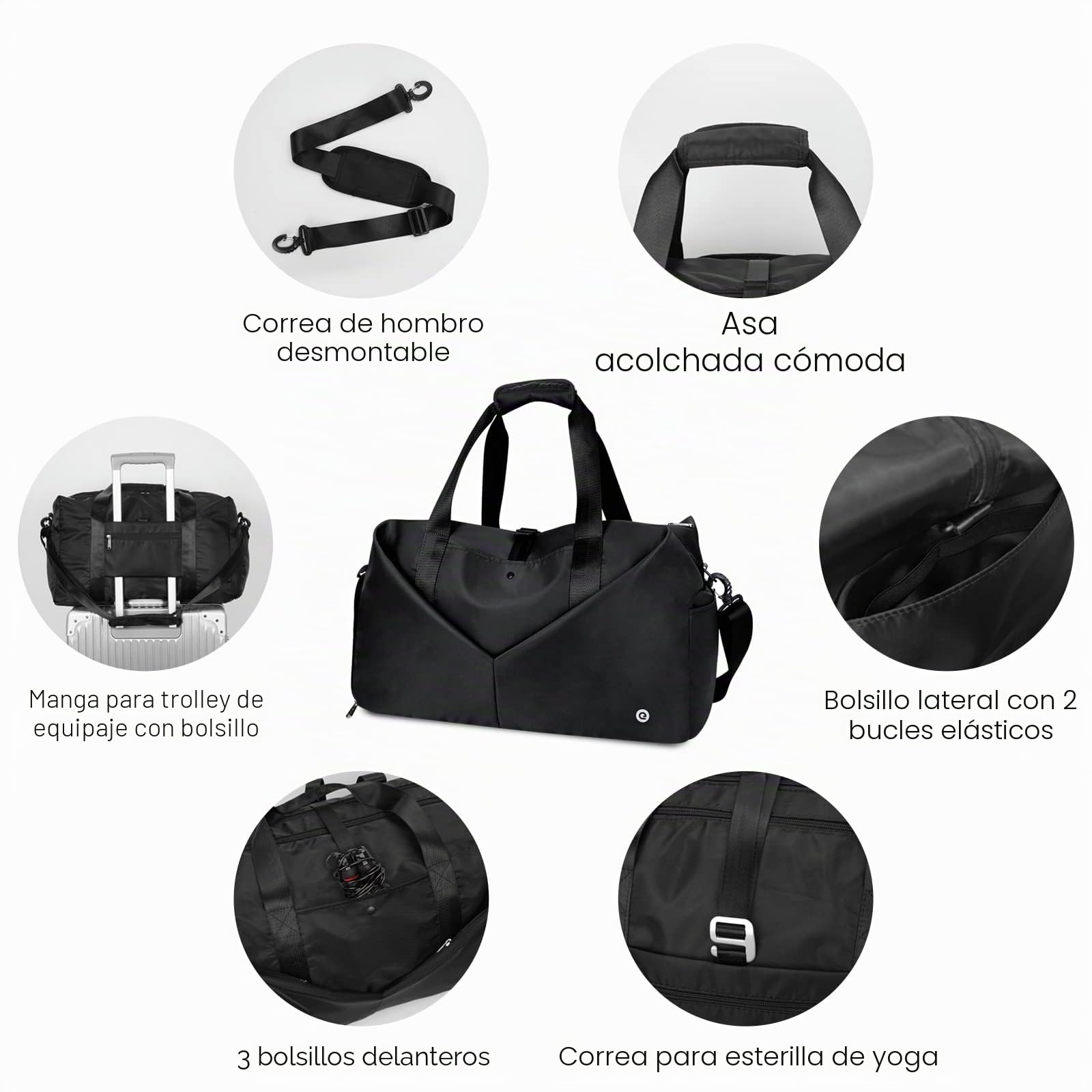 Ceneda Bolsa de Deporte clásica con Compartimento para Zapatos y Compartimento húmedo, portátil, Bolsa de Fin de Semana, Bolsa de Viaje, Bolsa de Yoga, para Hombre y Mujer (Negro)
