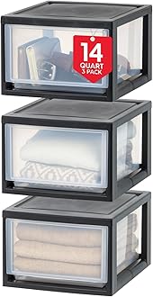 IRIS USA 14.5 Qt. Plastic Drawer Storage Organizer Stacking Drawers, 3-Pack, Stackable Unit with Sliding Drawer for Clothes Bedroom Kitchen Under Sink Pantry Craft Room Bathroom Dorm Office, Black